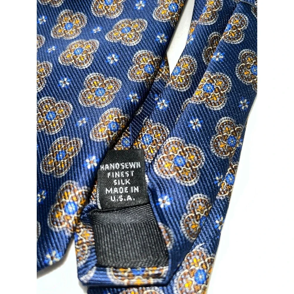 Robert Talbott Necktie Carmel Hand Sewn‎ Blue Geometric Floral Silk Tie